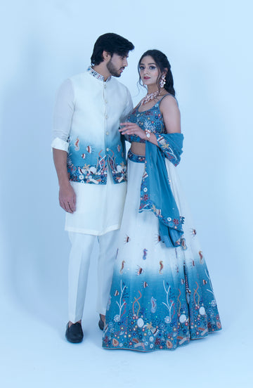 Zardozi Zari Ocean Blue Embroidered Lehenga and Nehru Jacket Set