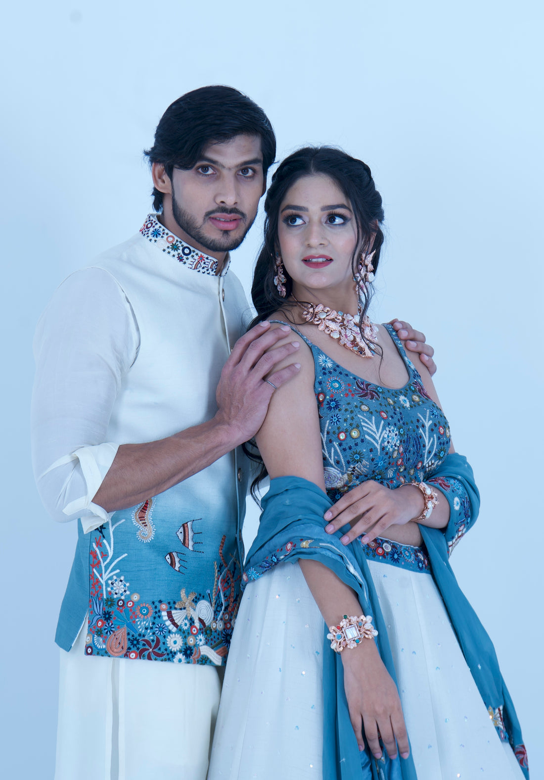 Zardozi Zari Ocean Blue Embroidered Lehenga and Nehru Jacket Set