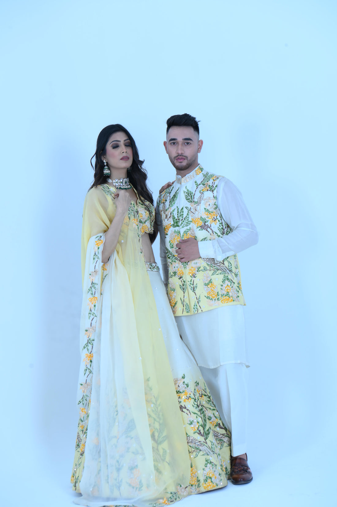 Zardozi Zari Lemon Ombre Embroidered Lehenga and Nehru Jacket Set