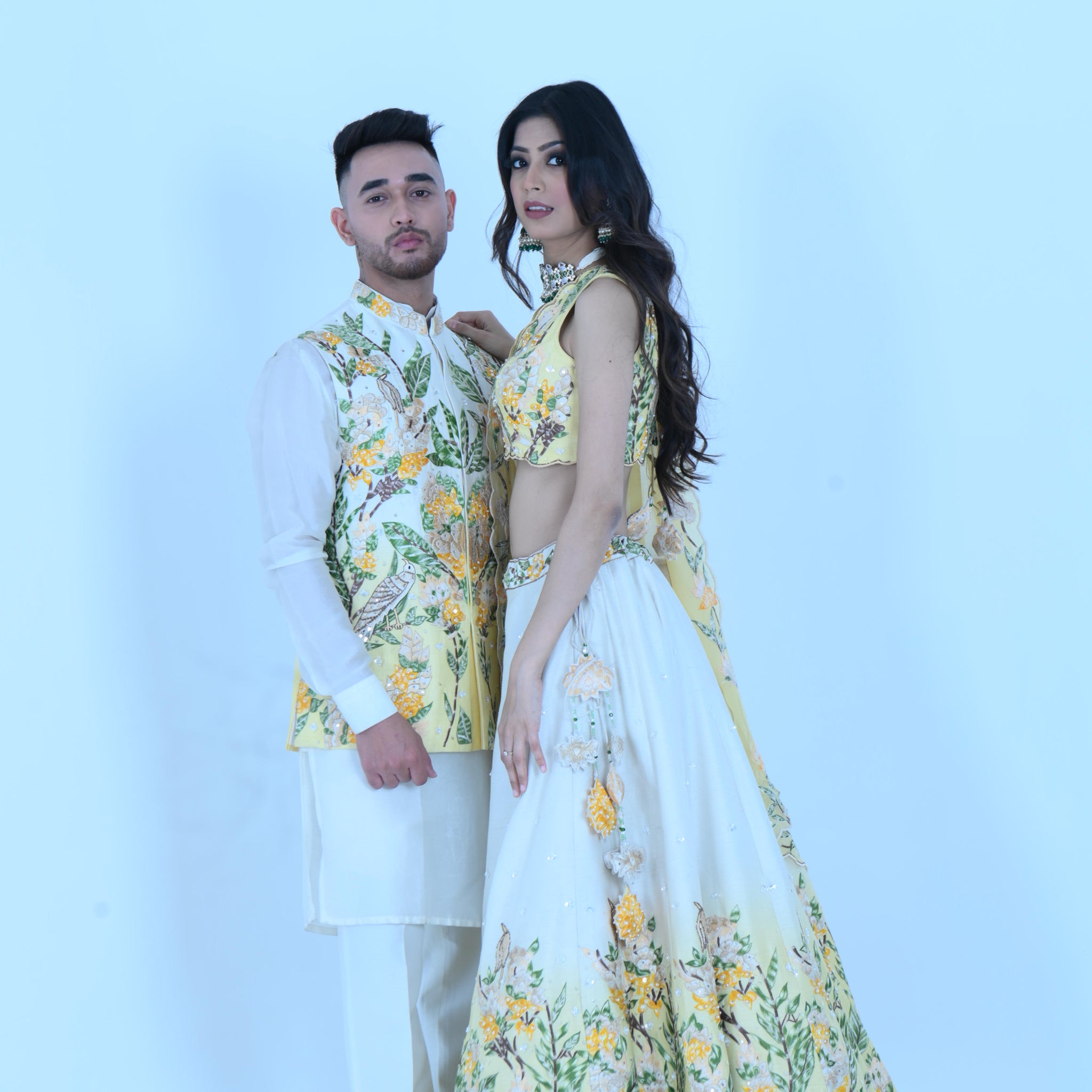 Zardozi Zari Lemon Ombre Embroidered Lehenga and Nehru Jacket Set