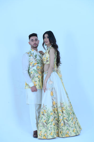 Zardozi Zari Lemon Ombre Embroidered Lehenga and Nehru Jacket Set