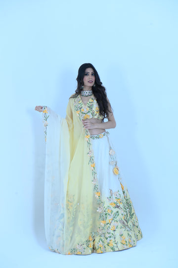 Zardozi Zari Raw Silk Lemon Ombre Lehenga with Organza Dupatta