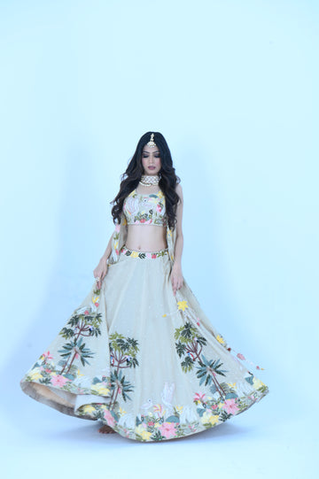 Zardozi Zari Raw Silk Beige Lehenga with Organza Dupatta