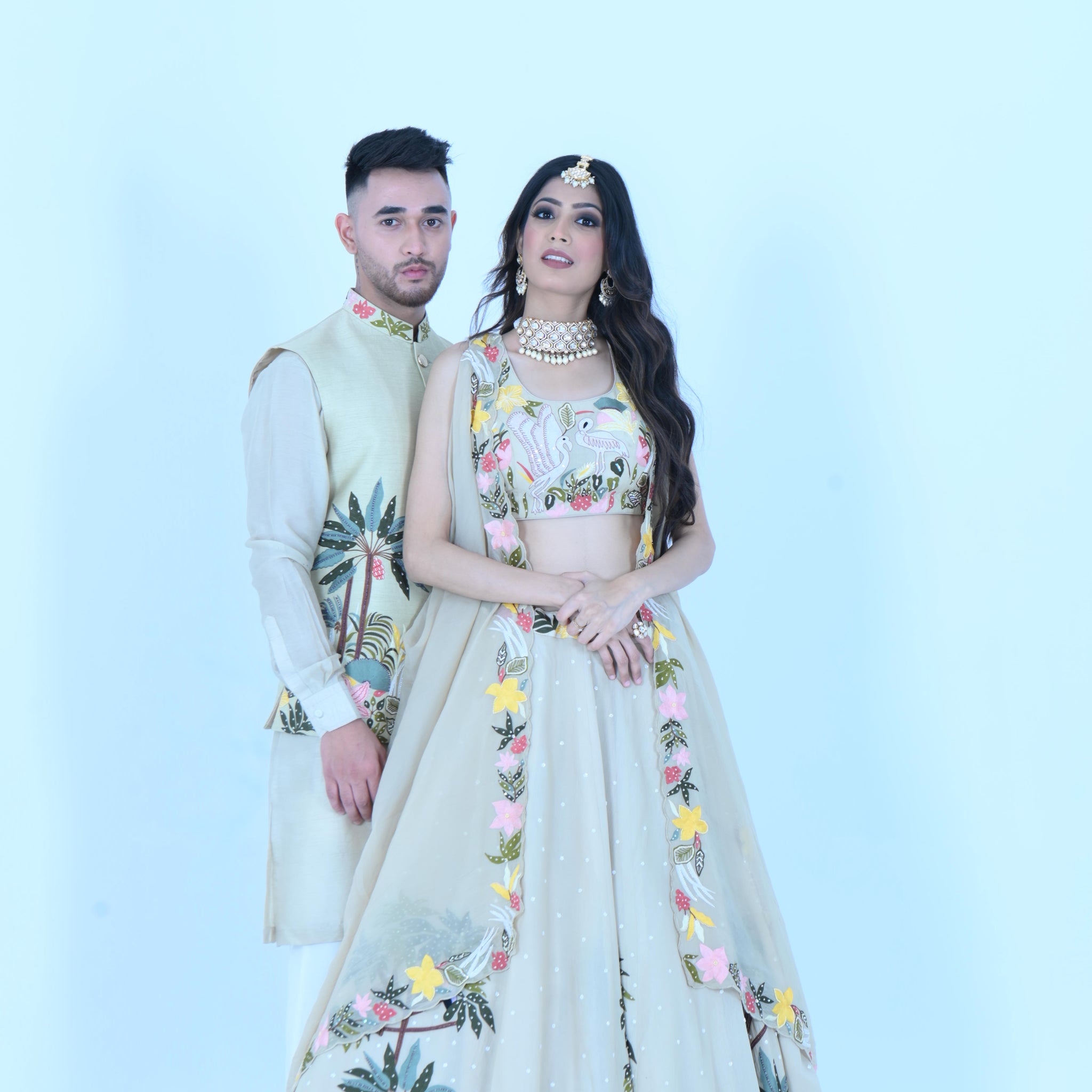 Zardozi Zari Ivory Green Embroidered Lehenga and Nehru Jacket Set