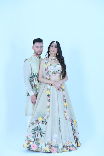 Zardozi Zari Ivory Green Embroidered Lehenga and Nehru Jacket Set