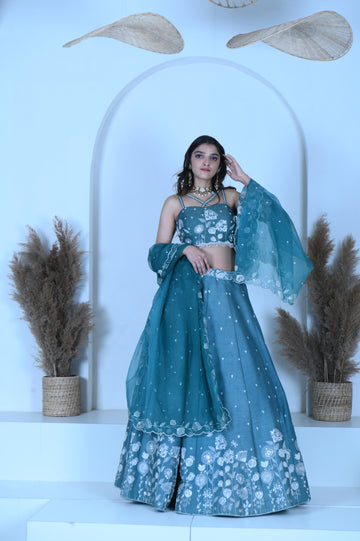 Zardozi Zari Raw Silk Teal Blue Lehenga with Organza Dupatta