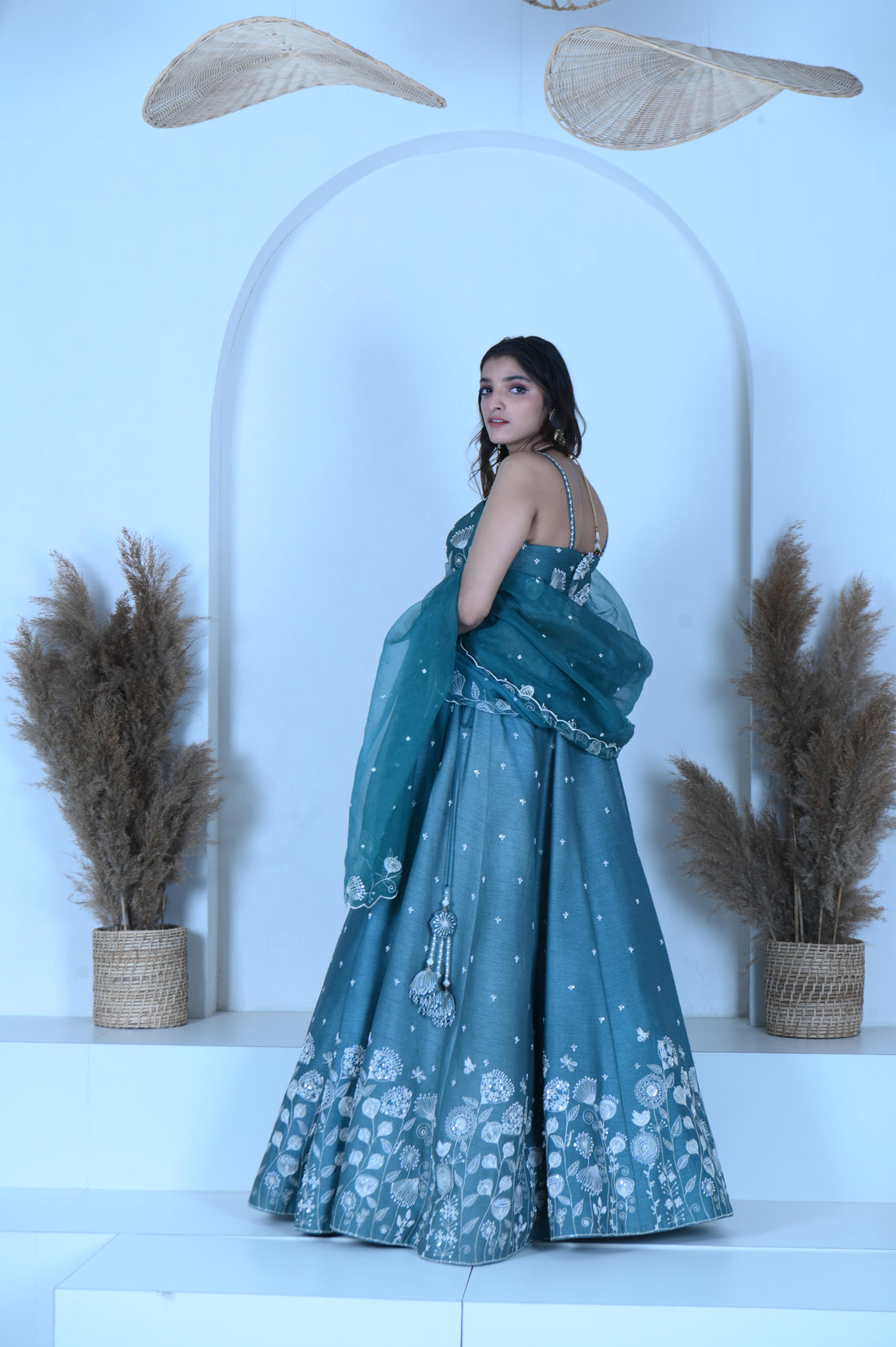 Zardozi Zari Raw Silk Teal Blue Lehenga with Organza Dupatta