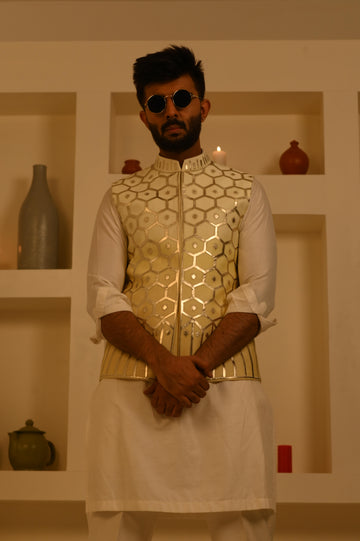 Leather work Yellow Bundi Jacket Set