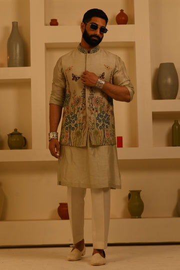 Butterfly Floral Green Bundi Jacket Set