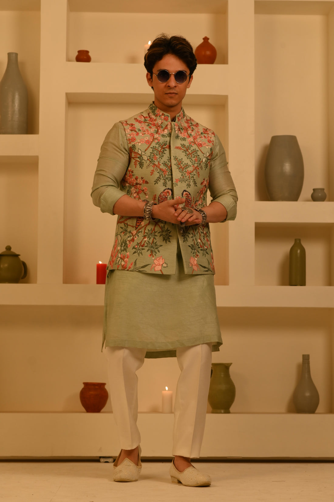 Floral Olive Green Bundi Jacket Set